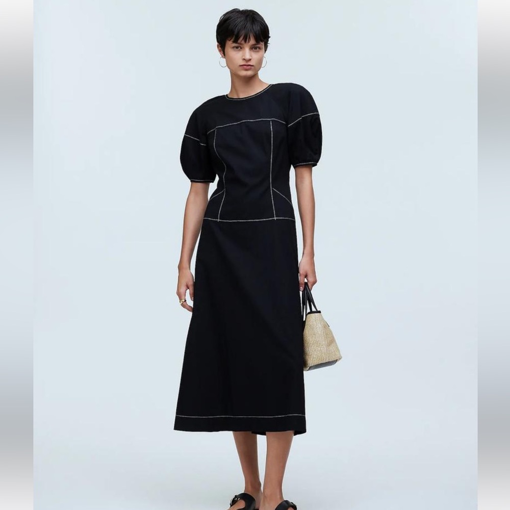 NWT Madewell Puff-Sleeve Drop-Waist Midi Dress